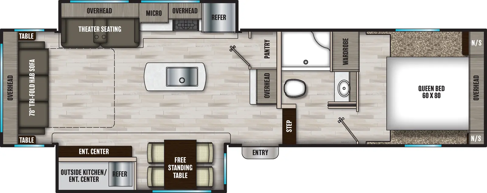 The 284RL has two slideouts and one entry. Exterior features an outside kitchen with entertainment center. Interior layout front to back: front bedroom with a foot facing queen bed with overhead cabinet, night stands on either side, and off-door side wardrobe; off-door side aisle full bathroom; step down to main living area and entry; counter with overhead cabinet, and pantry along inner wall; kitchen island with sink; off-door side slideout with refrigerator, countertop, overhead cabinet, microwave, and theater seating with overhead cabinet; door side slideout with free-standing table and entertainment center; rear tri-fold hide-a-bed sofa with tables on each side, and overhead cabinet.